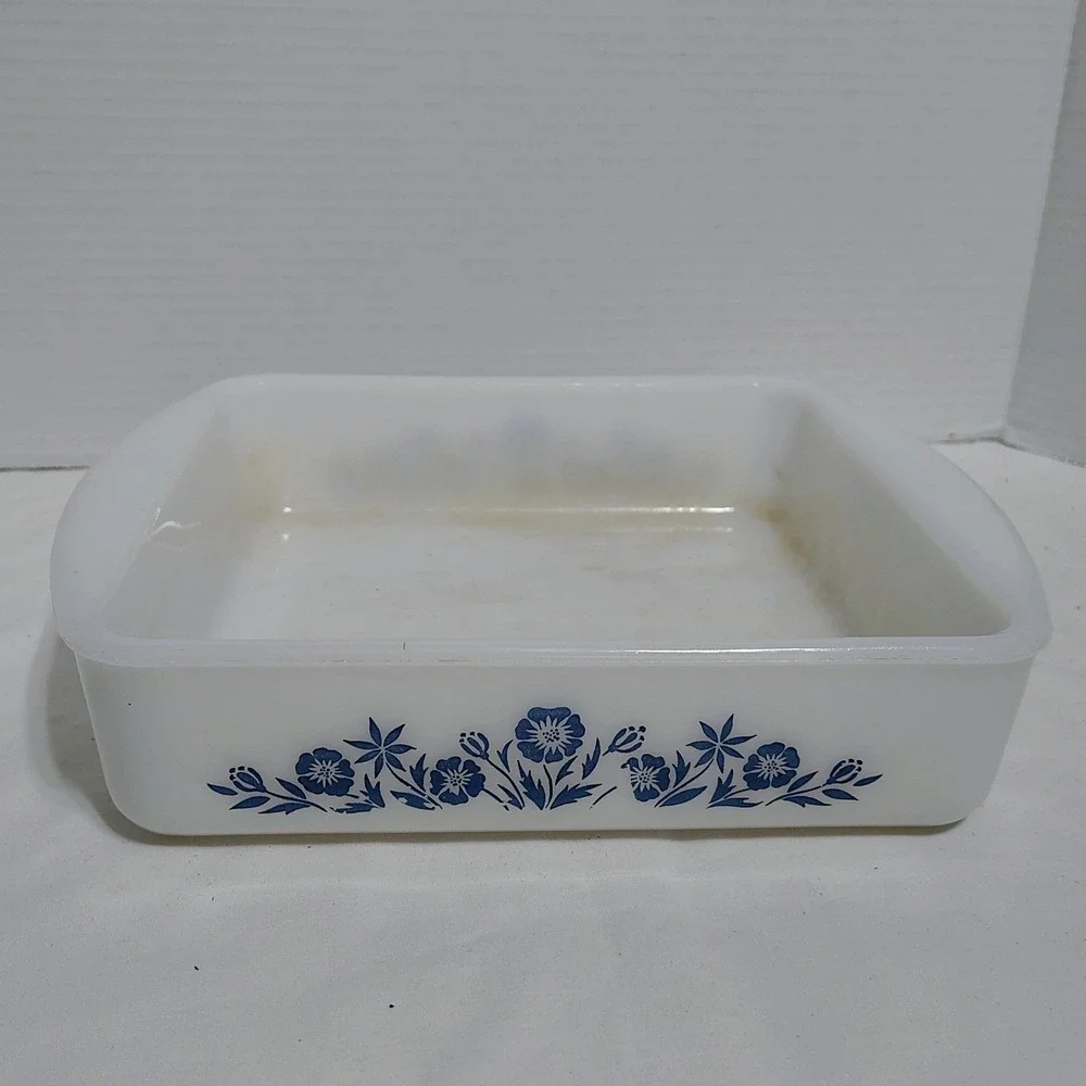 Vintage Fire King Ovenware‎ 8 Inch Square Baking Dish Blue Floral Milk Glass